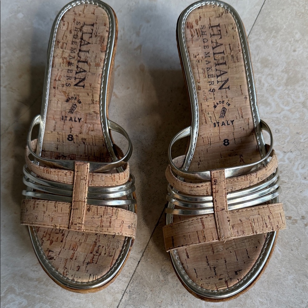 Italian Shoemakers Cork Slide Wedge with Metallic Gold Straps